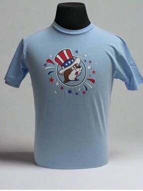 Light Blue Short Sleeve Tee with Patriotic Cartoon Graphic